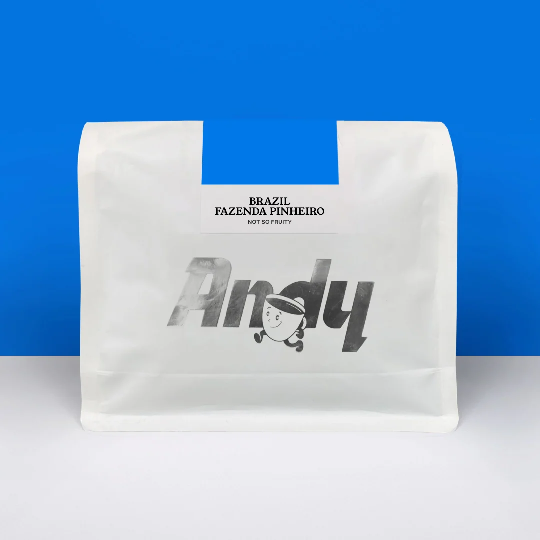 BRAZIL Fazenda Pinheiro espresso coffee bag on a pale background