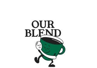 House blend coffee bag surrounded by roasted beans